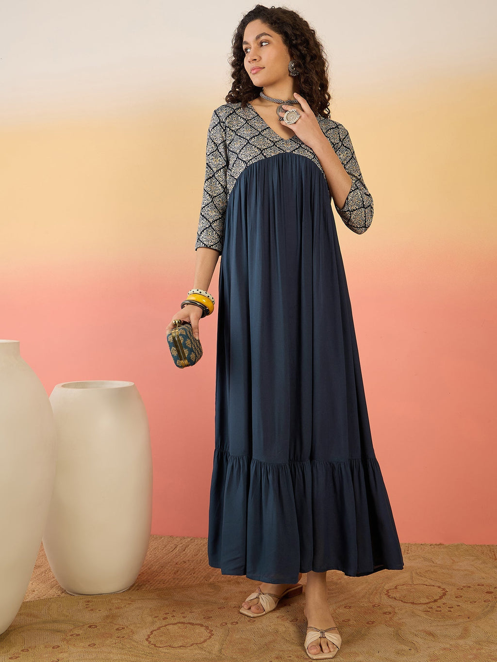 InWeave Navy Ogee Foil V Neck Teared Dress - Distacart