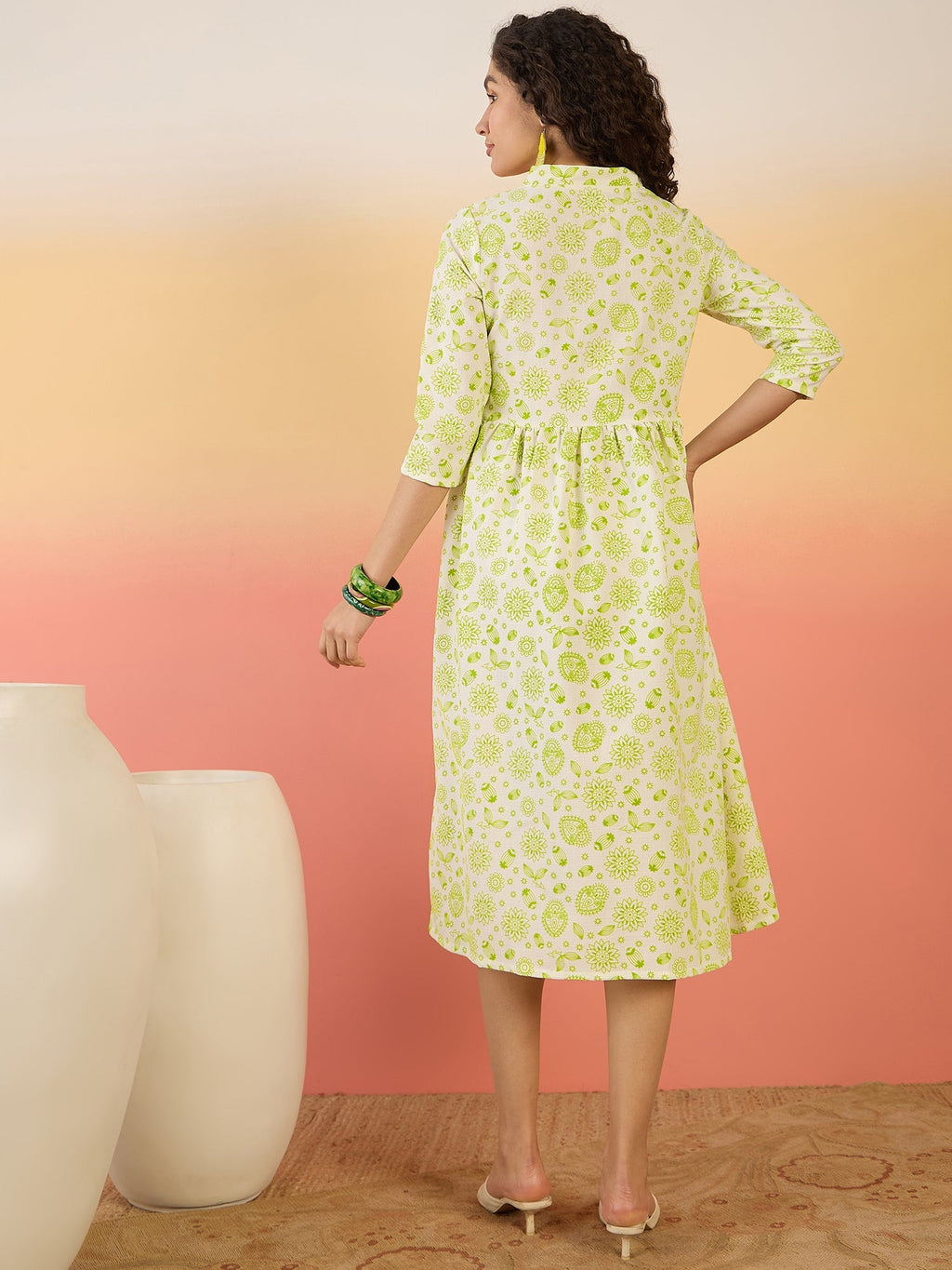 InWeave Green White Rubber Print Flared Dress