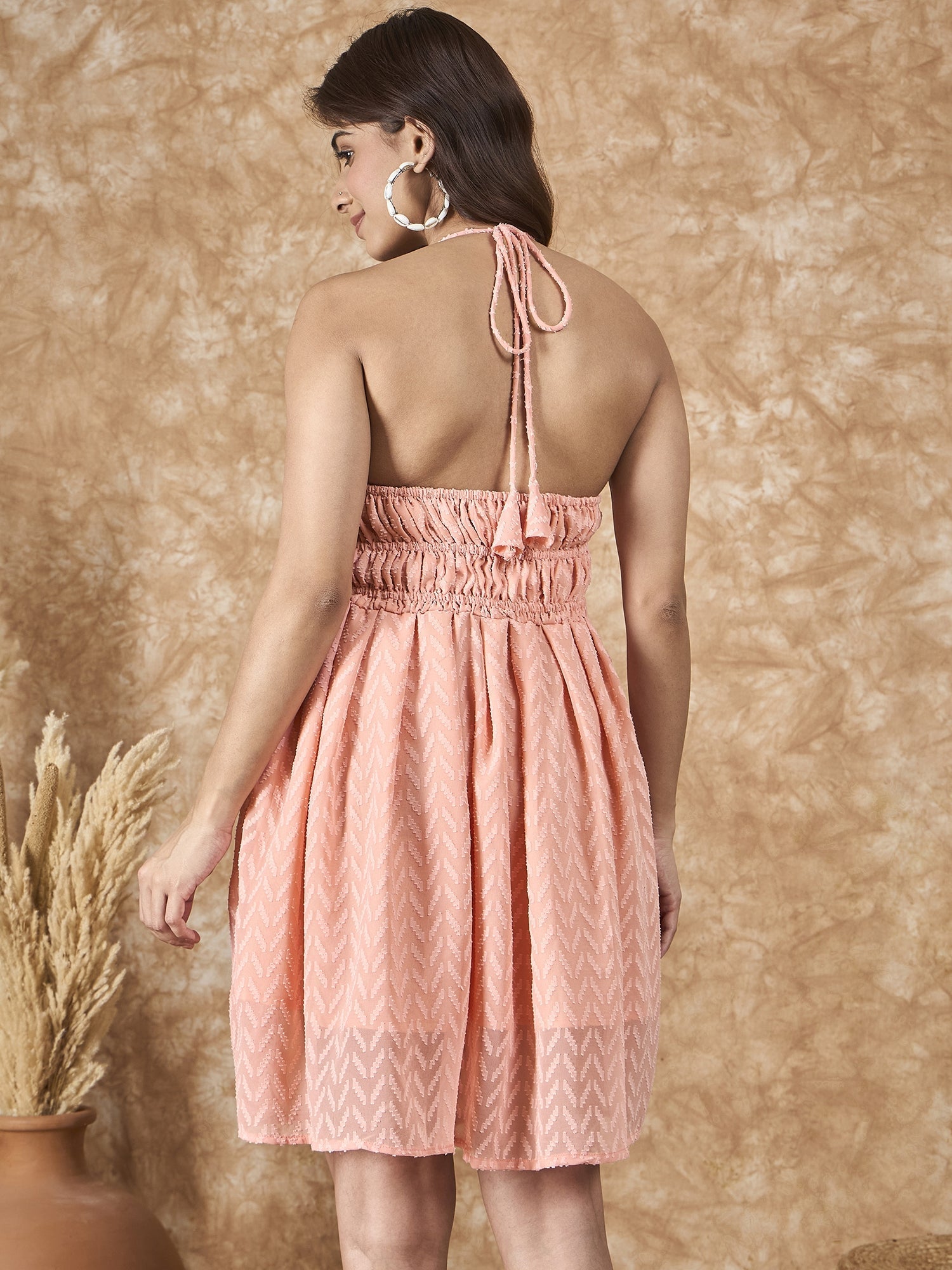 InWeave Peach Georgette Backless Dress - Distacart