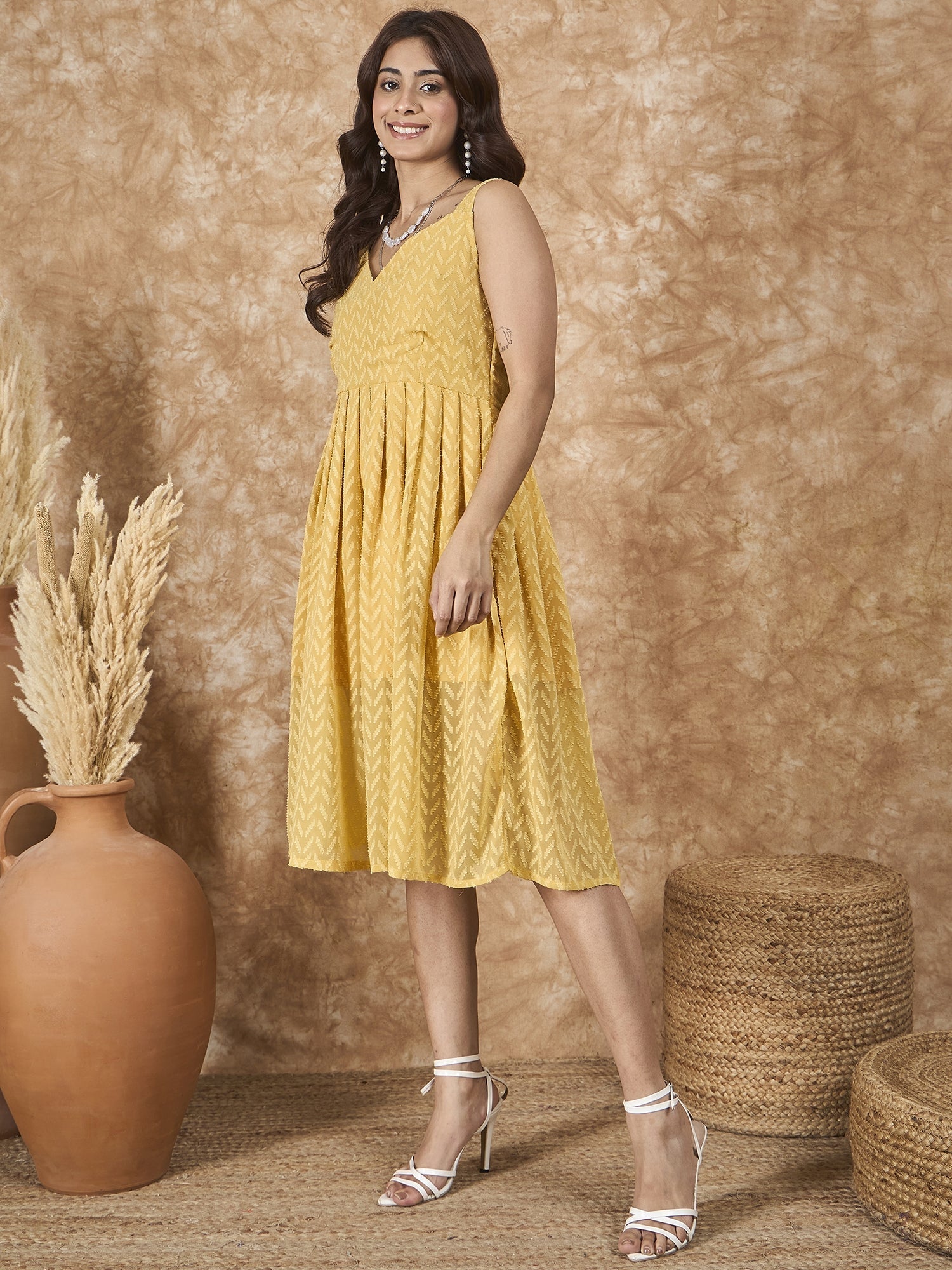 InWeave Yellow Georgette Sweetheart Dress - Distacart