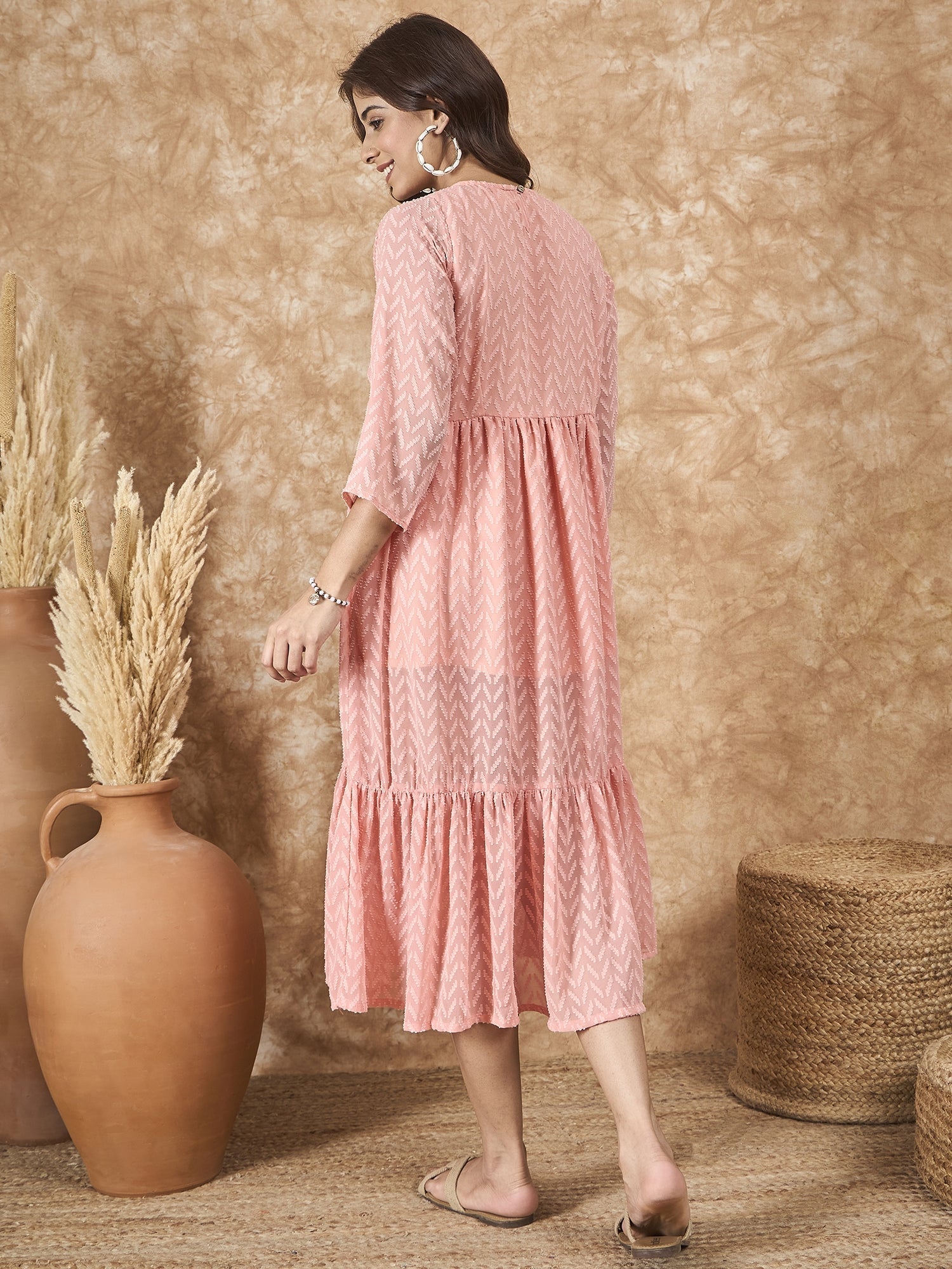 InWeave Peach Georgette R Neck Dress - Distacart