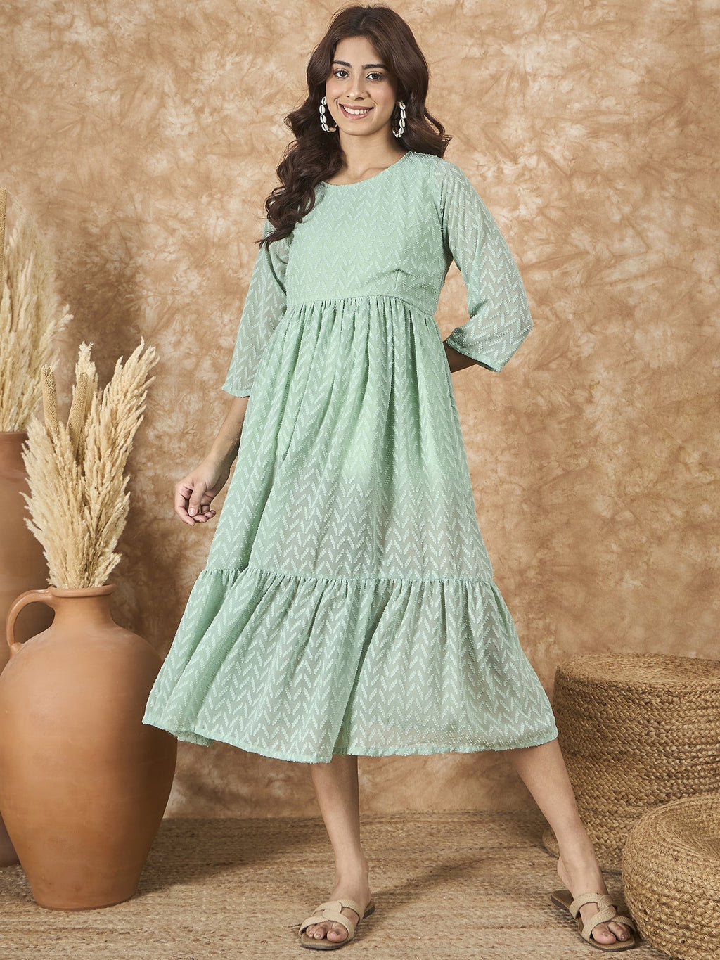 InWeave Mint Green Georgette R Neck Dress - Distacart