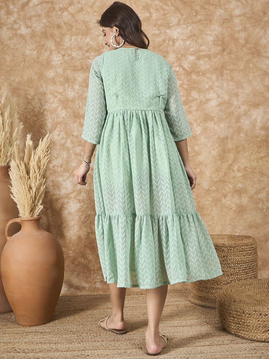 InWeave Mint Green Georgette R Neck Dress - Distacart
