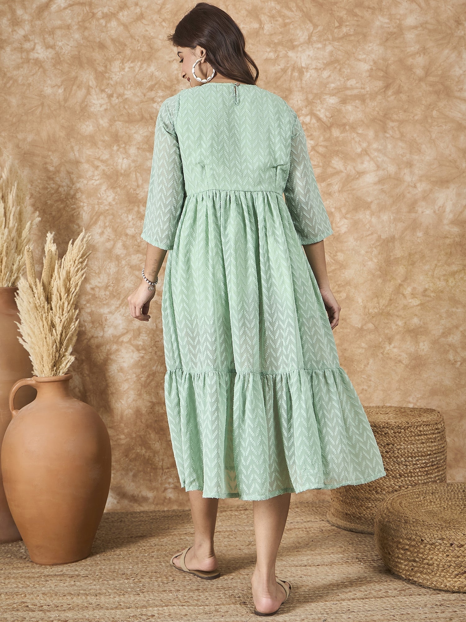 InWeave Mint Green Georgette R Neck Dress - Distacart