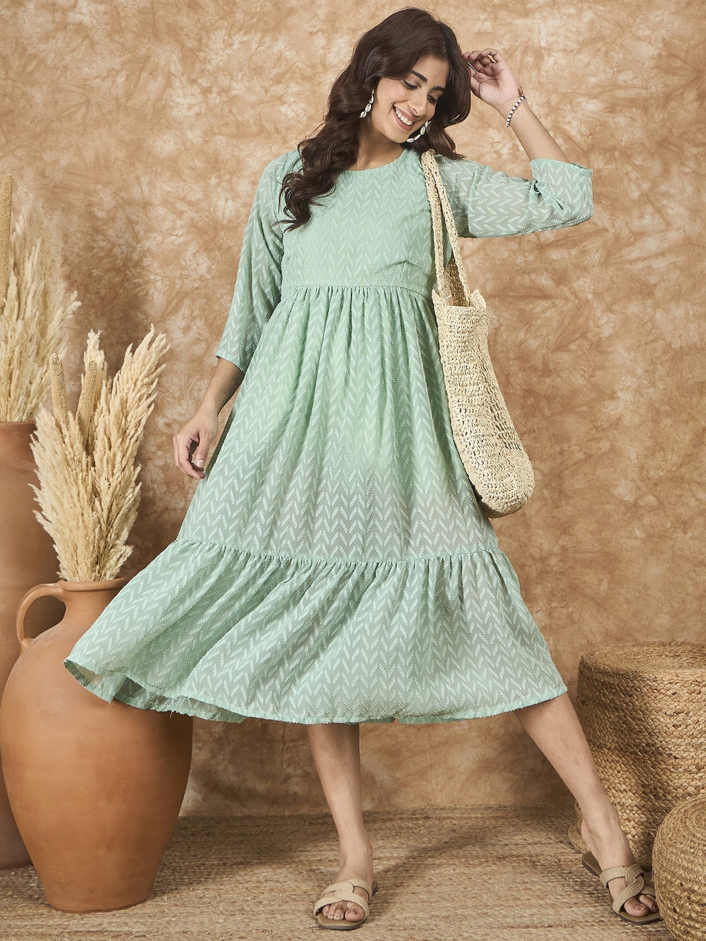 InWeave Mint Green Georgette R Neck Dress - Distacart