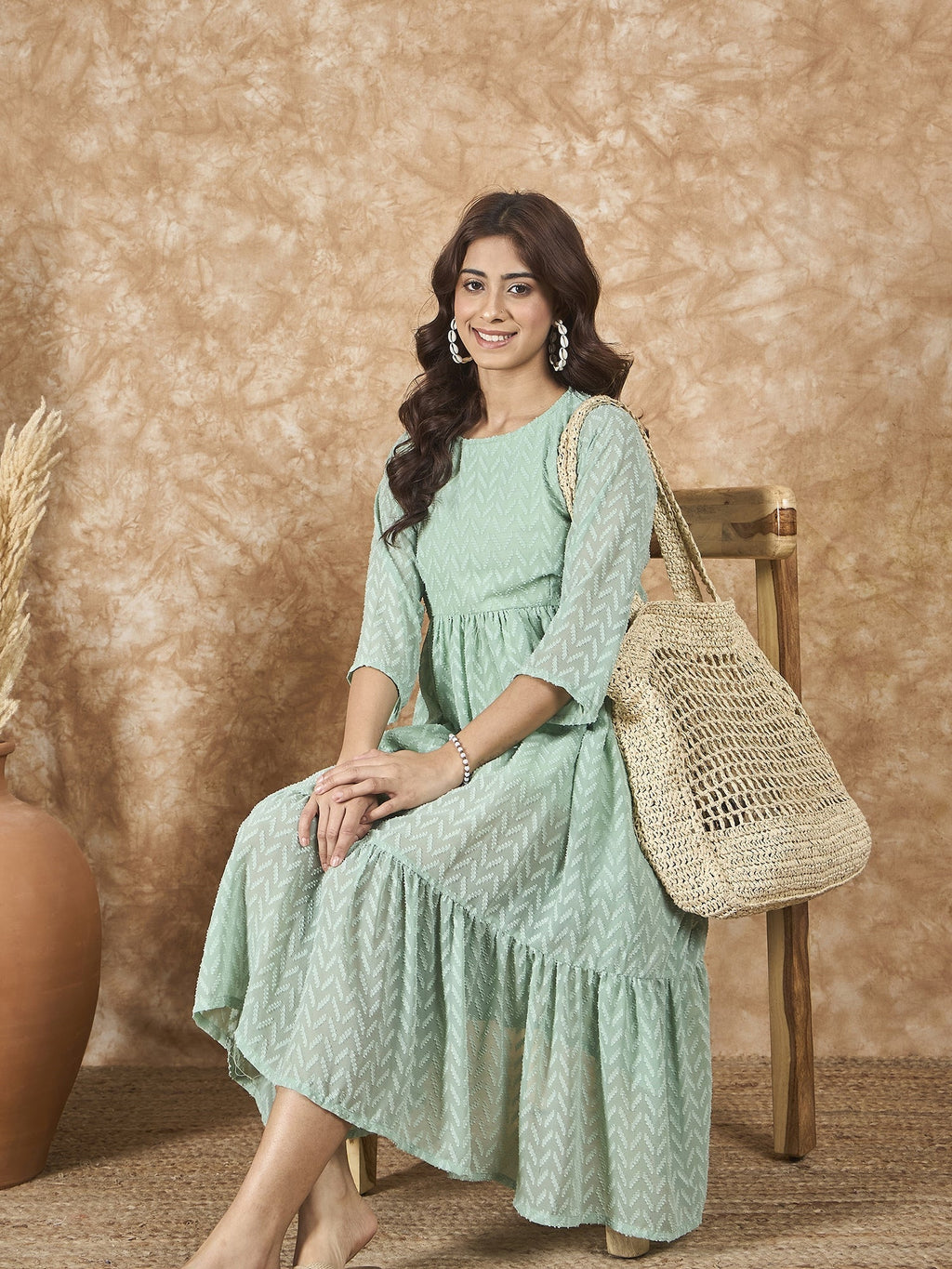 InWeave Mint Green Georgette R Neck Dress - Distacart