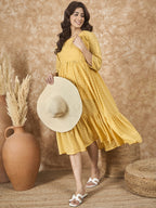InWeave Yellow Georgette R Neck Dress - Distacart
