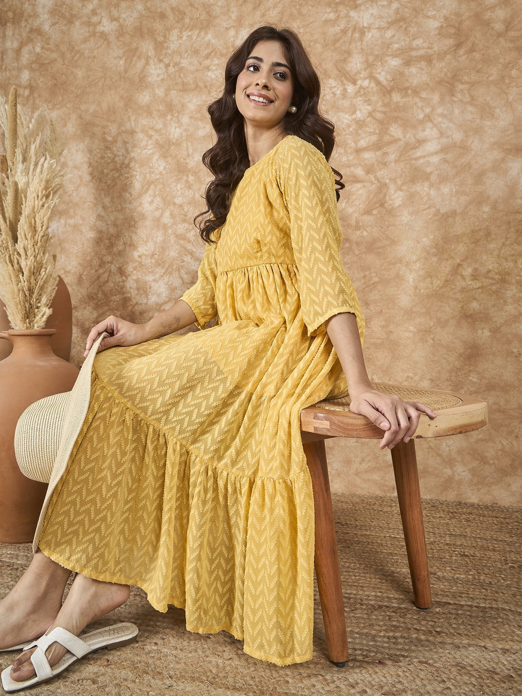 InWeave Yellow Georgette R Neck Dress - Distacart