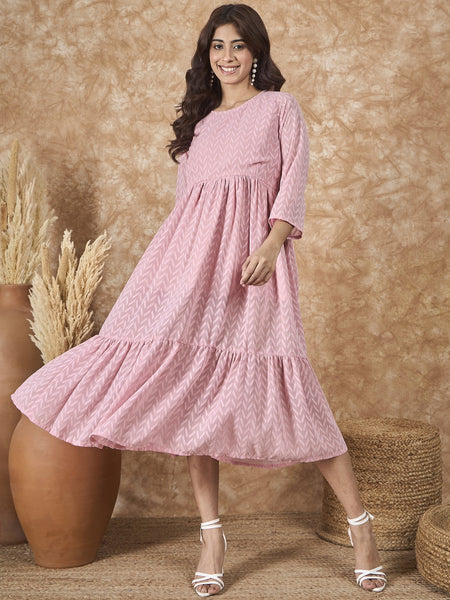 InWeave Light Pink Georgette R Neck Dress