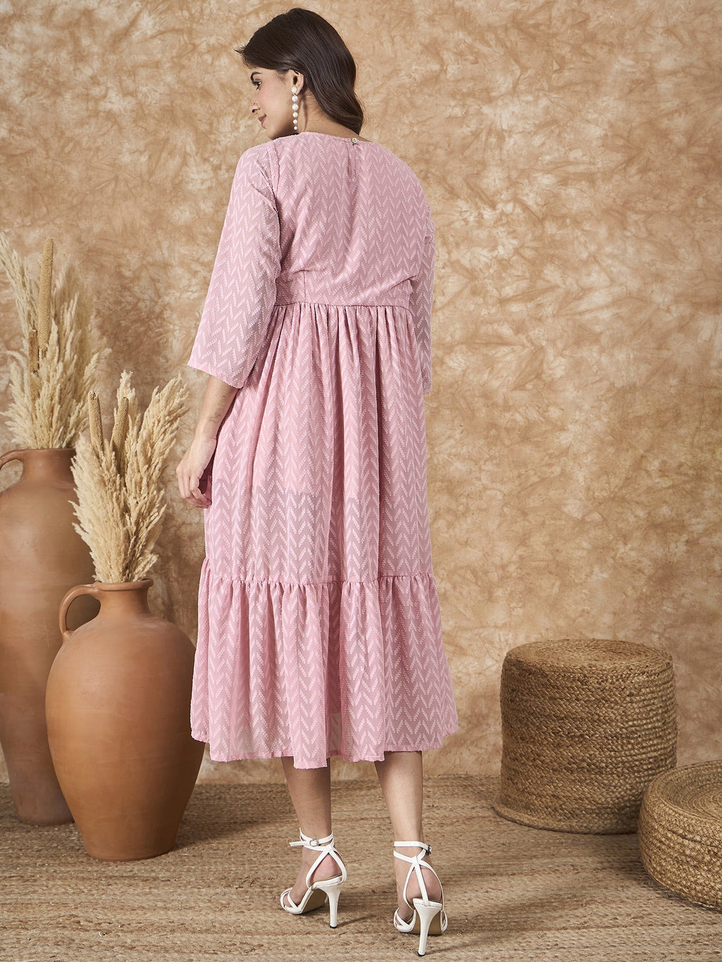 InWeave Light Pink Georgette R Neck Dress - Distacart