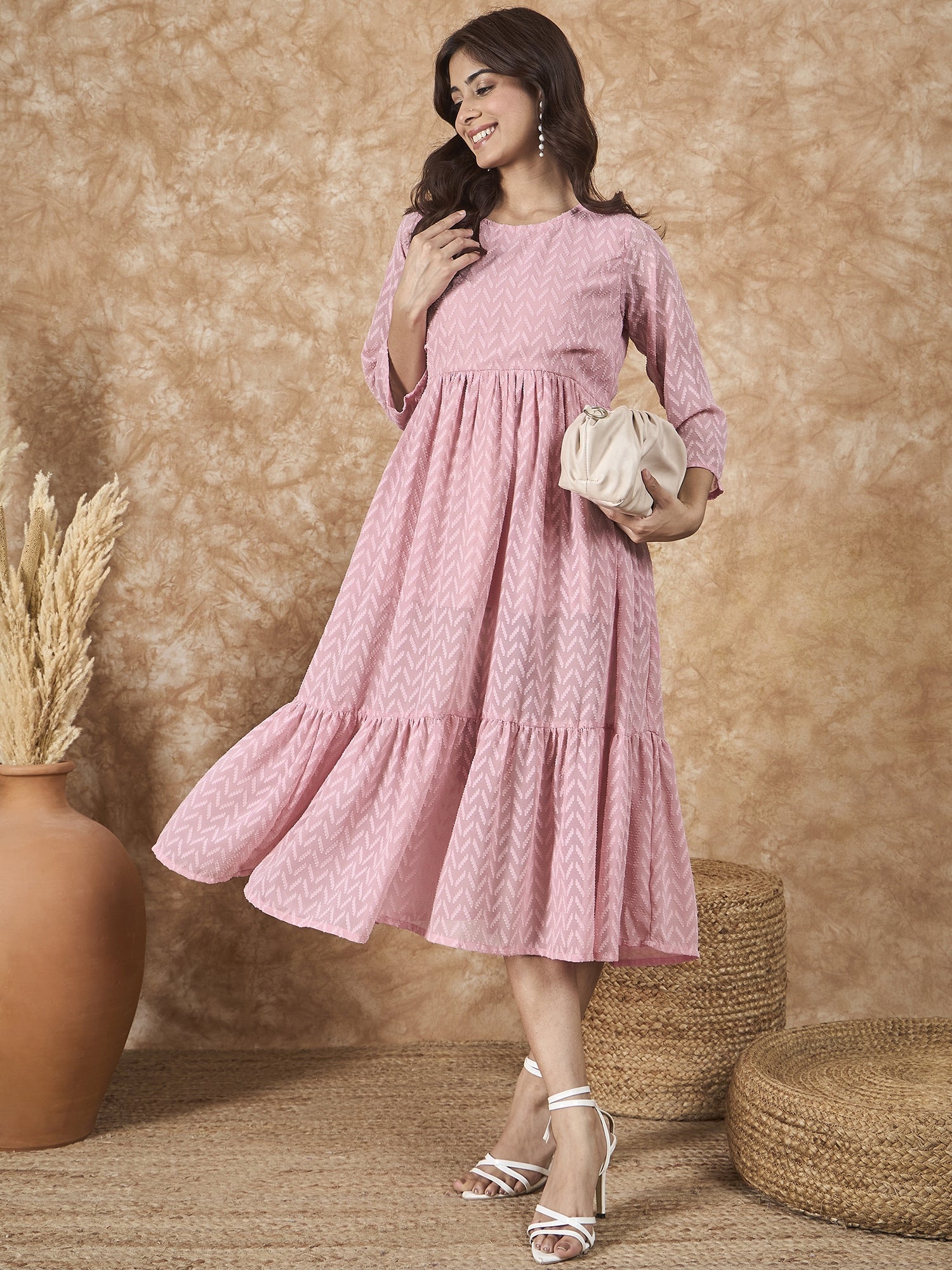 InWeave Light Pink Georgette R Neck Dress - Distacart
