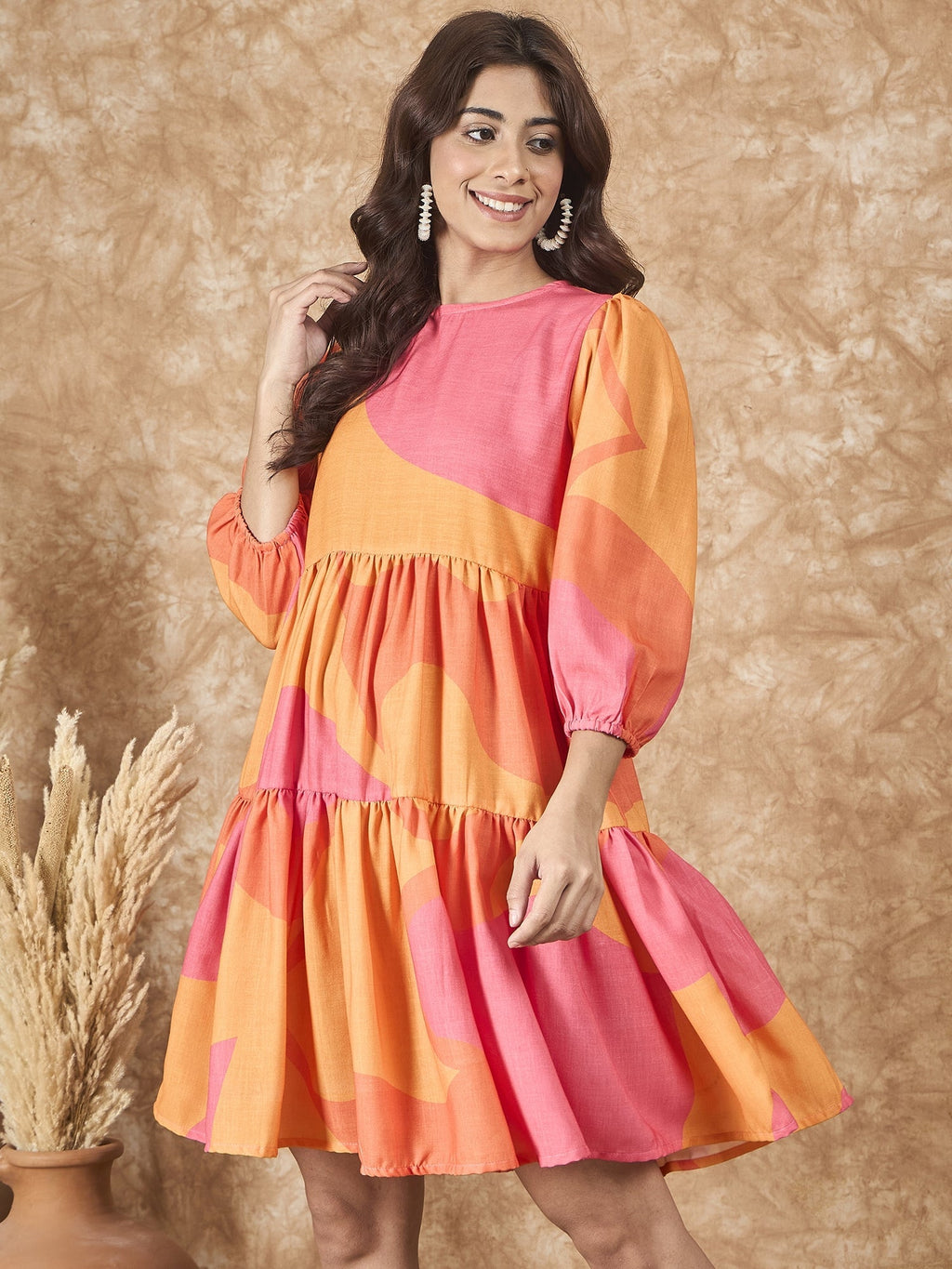 InWeave Peach Orange Print Short Dress - Distacart