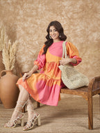 InWeave Peach Orange Print Short Dress - Distacart