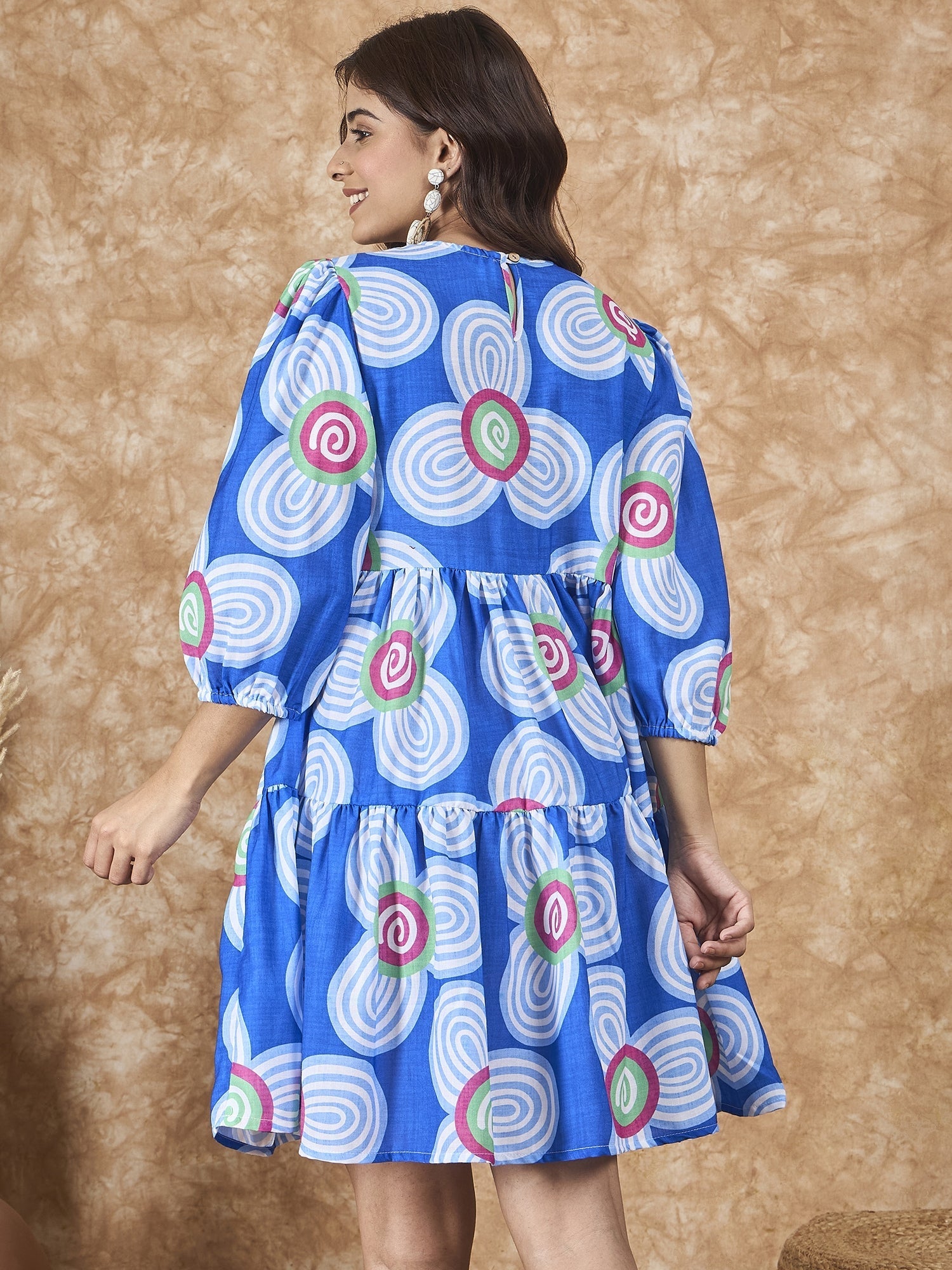 InWeave Blue White Flower Short Dress - Distacart