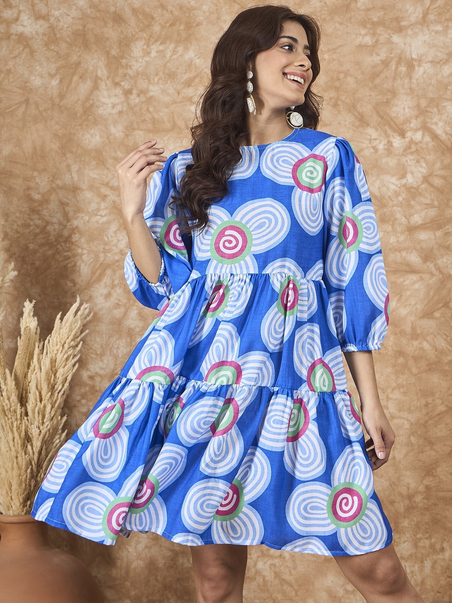 InWeave Blue White Flower Short Dress - Distacart