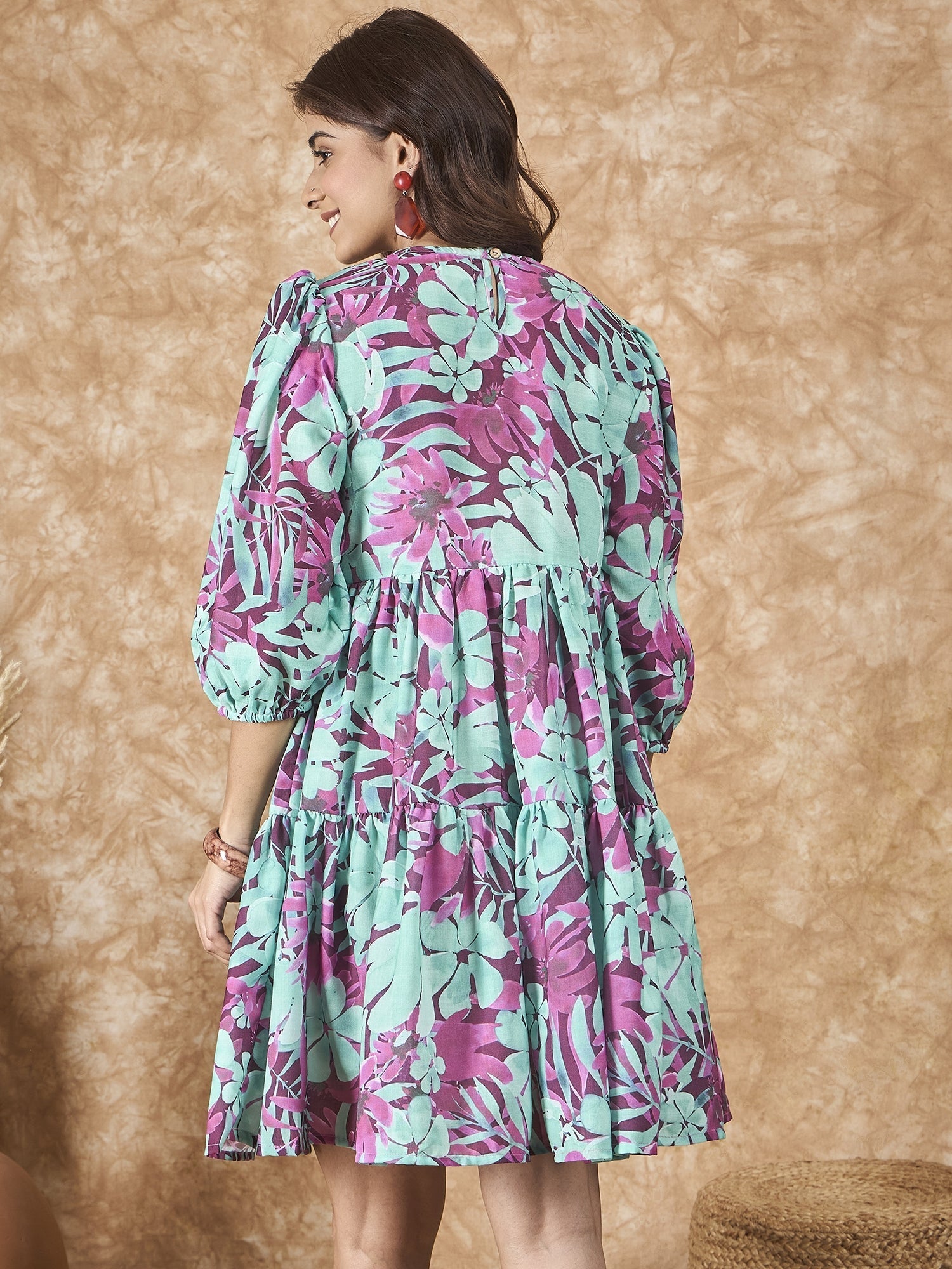 InWeave Green Purple Print Short Dress - Distacart