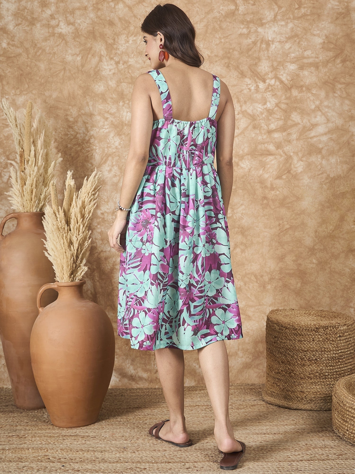 InWeave Green Purple Print Sweetheart Dress - Distacart