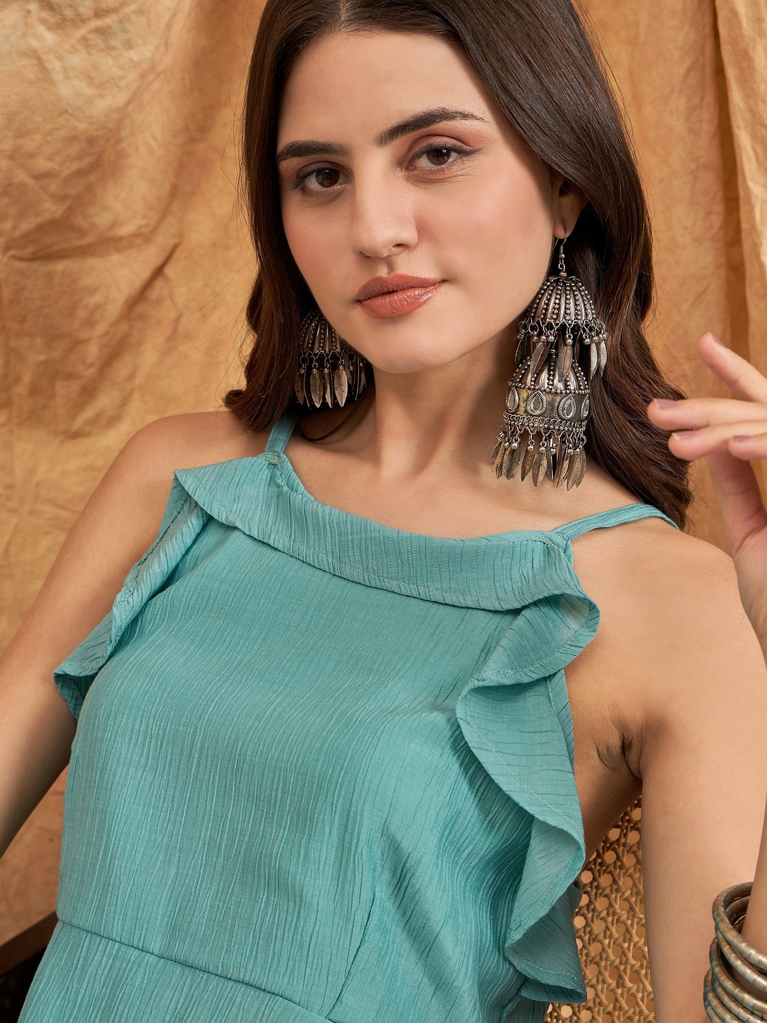 InWeave Cadet Blue Chiffon Frill Dress - Distacart