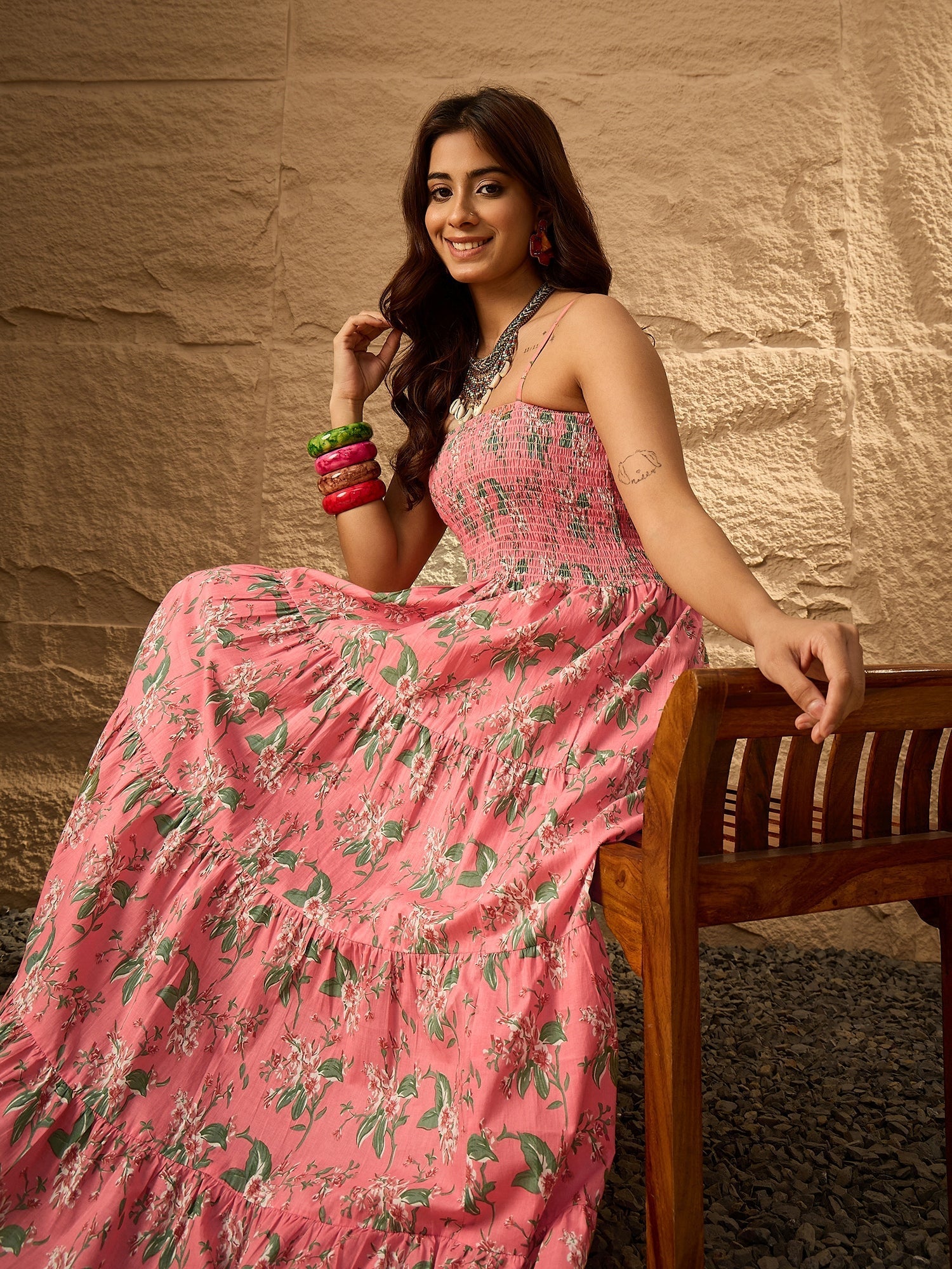 InWeave Peach Floral Print Tiered Dress - Distacart