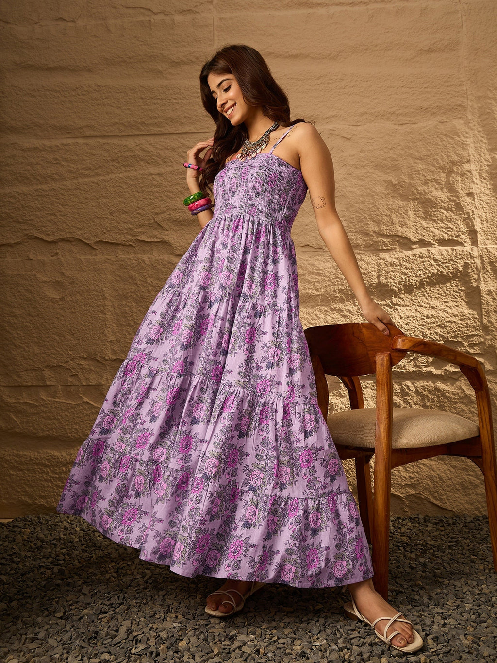 InWeave Lavender Floral Tiered Dress - Distacart