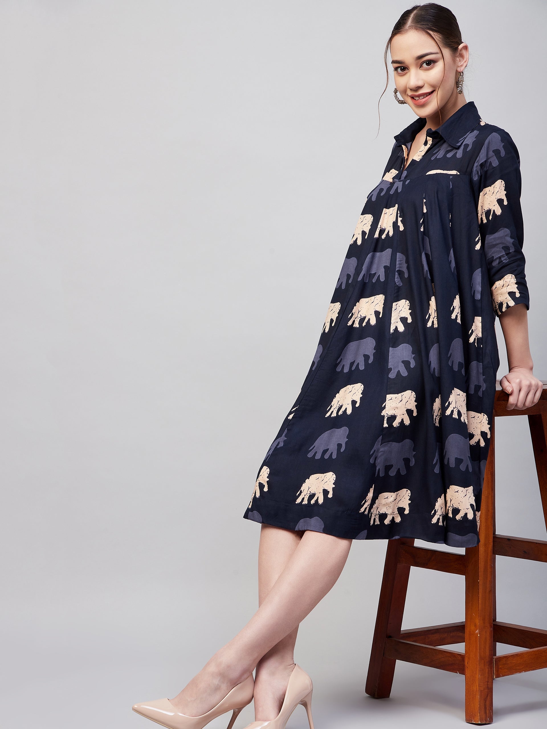 InWeave Women's Blue Elephant Print Flared Dress - Distacart