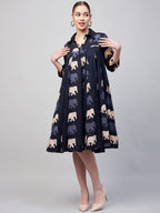 InWeave Women's Blue Elephant Print Flared Dress - Distacart