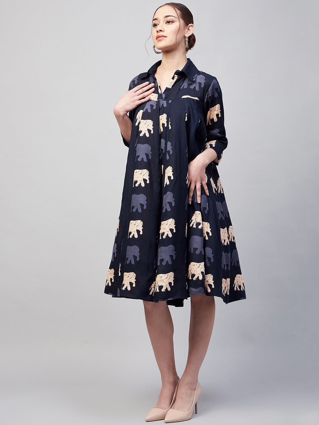 InWeave Women's Blue Elephant Print Flared Dress - Distacart