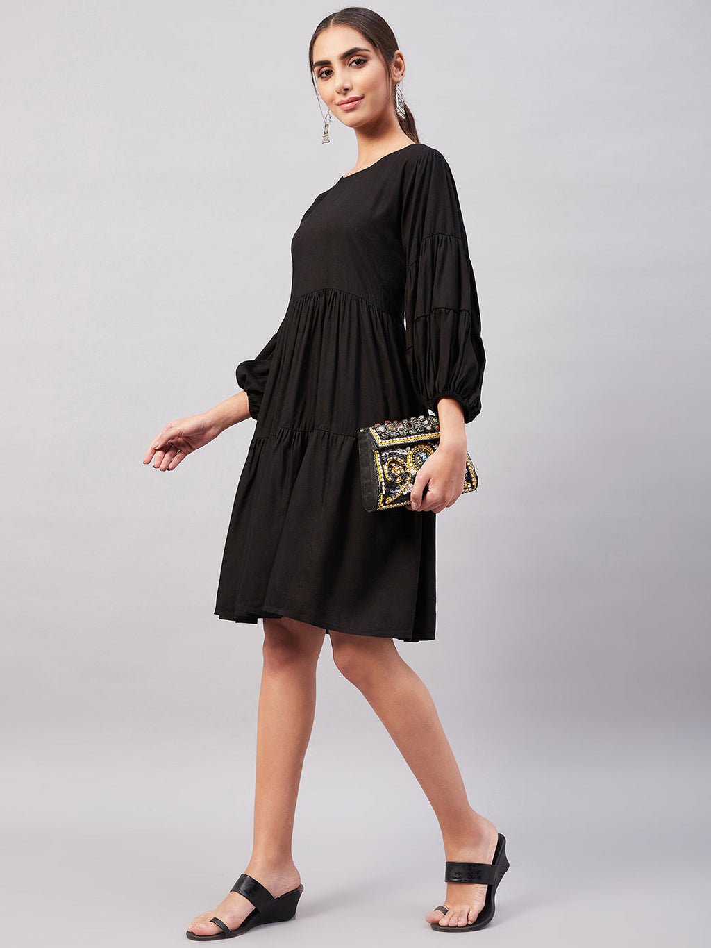 InWeave Solid Black Flared Dress - Distacart