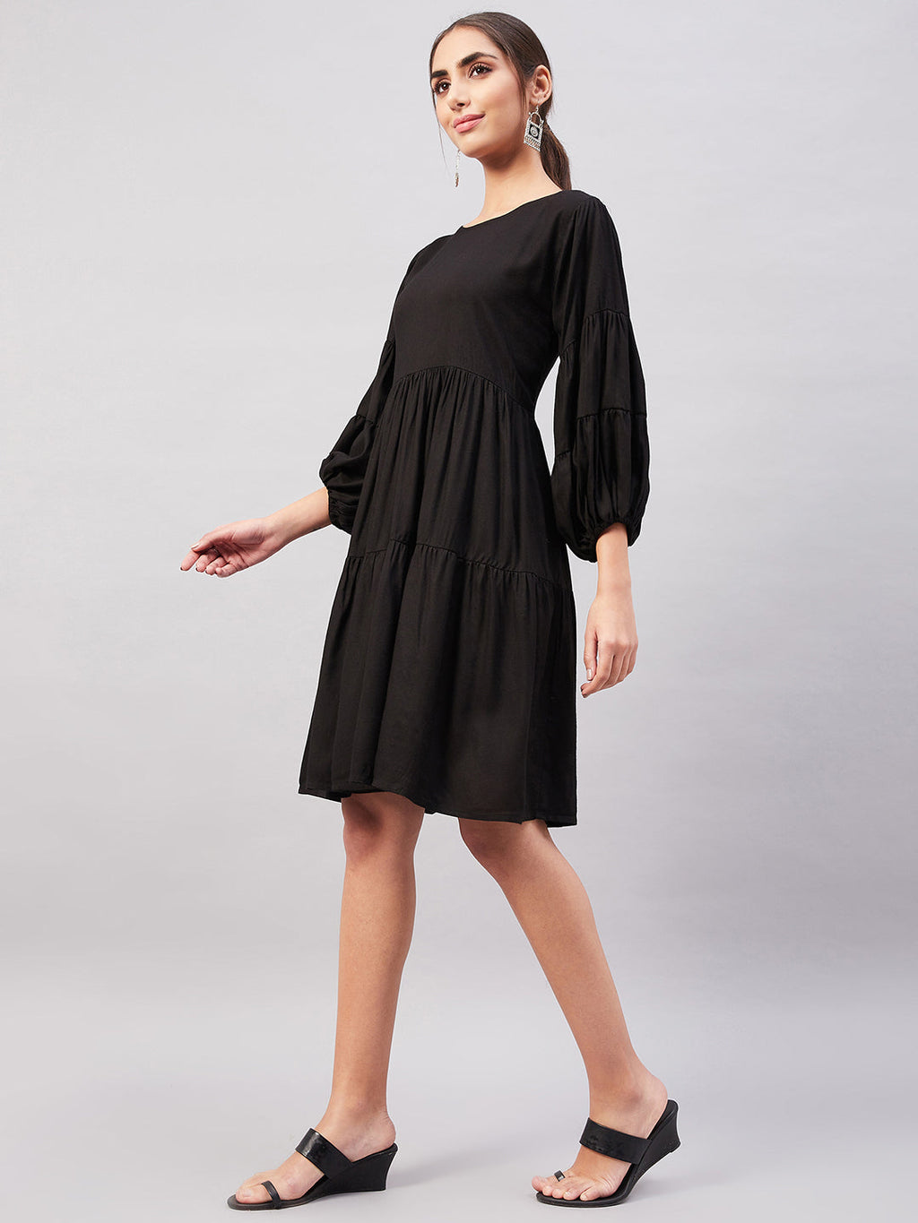 InWeave Solid Black Flared Dress - Distacart