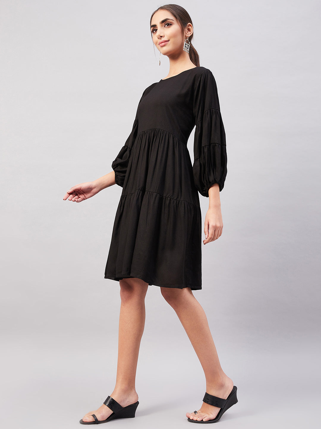 InWeave Solid Black Flared Dress - Distacart