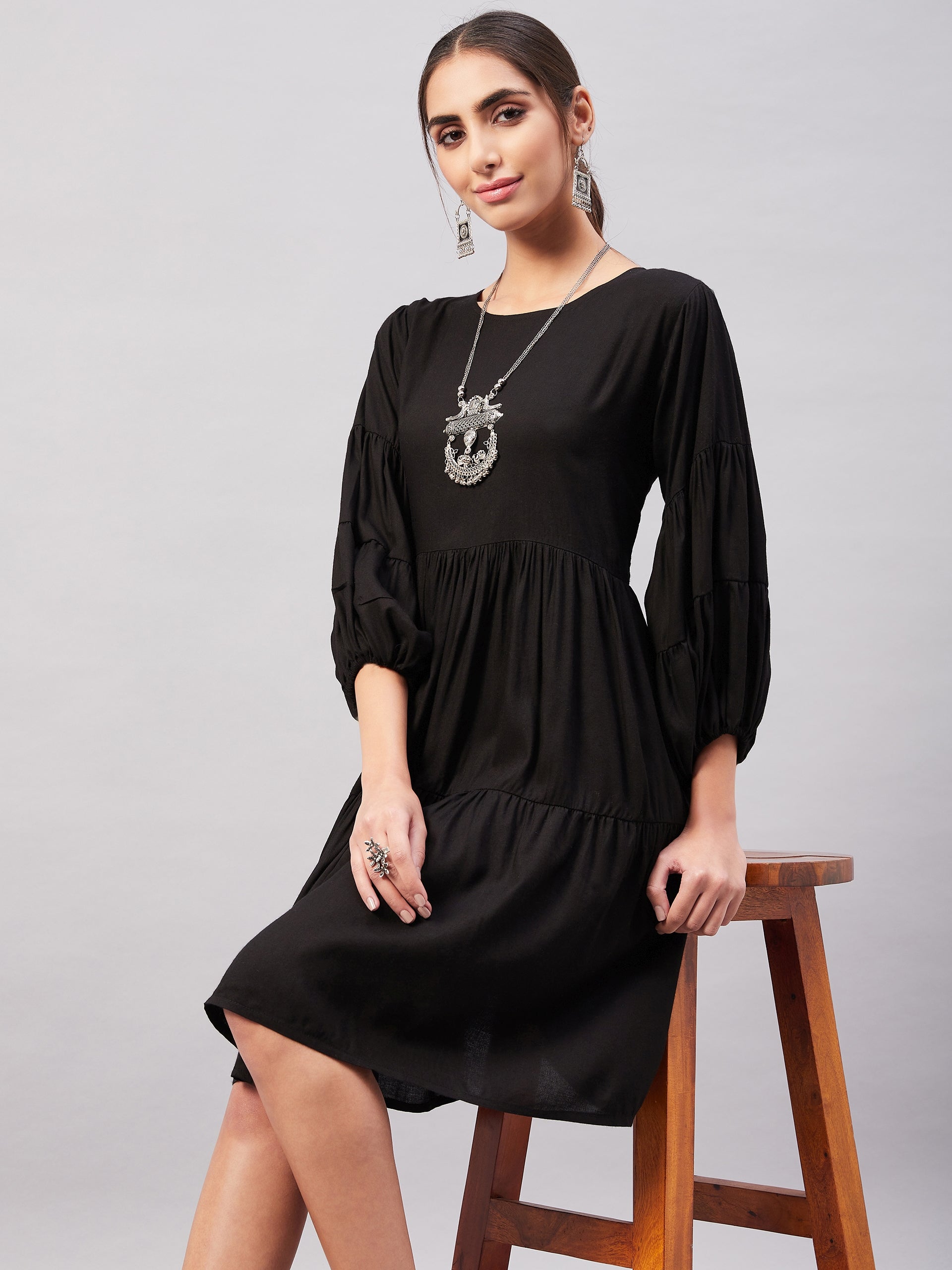 InWeave Solid Black Flared Dress - Distacart