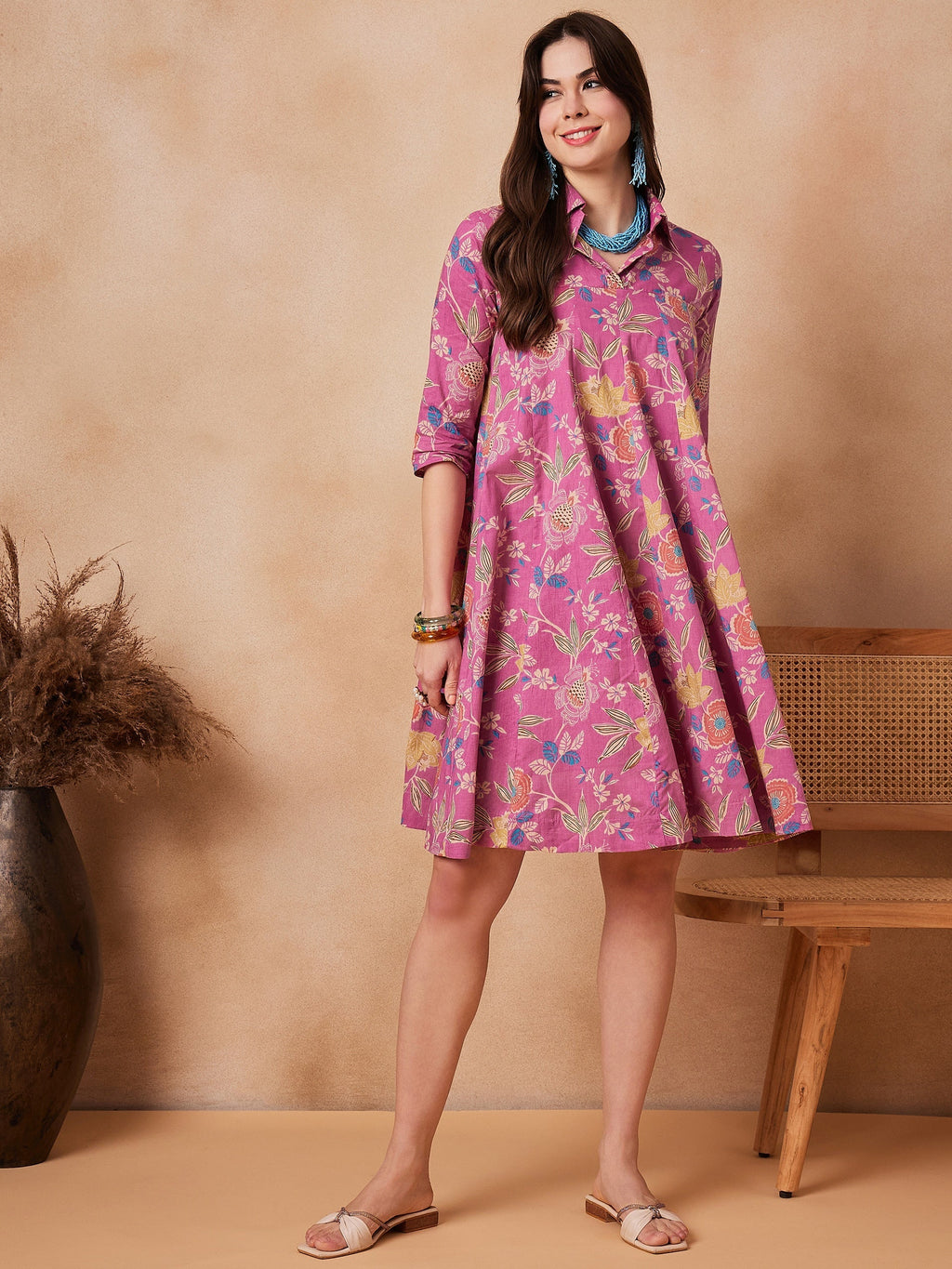 InWeave Dull Pink Floral Printed Flared Dress - Distacart