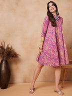 InWeave Dull Pink Floral Printed Flared Dress - Distacart