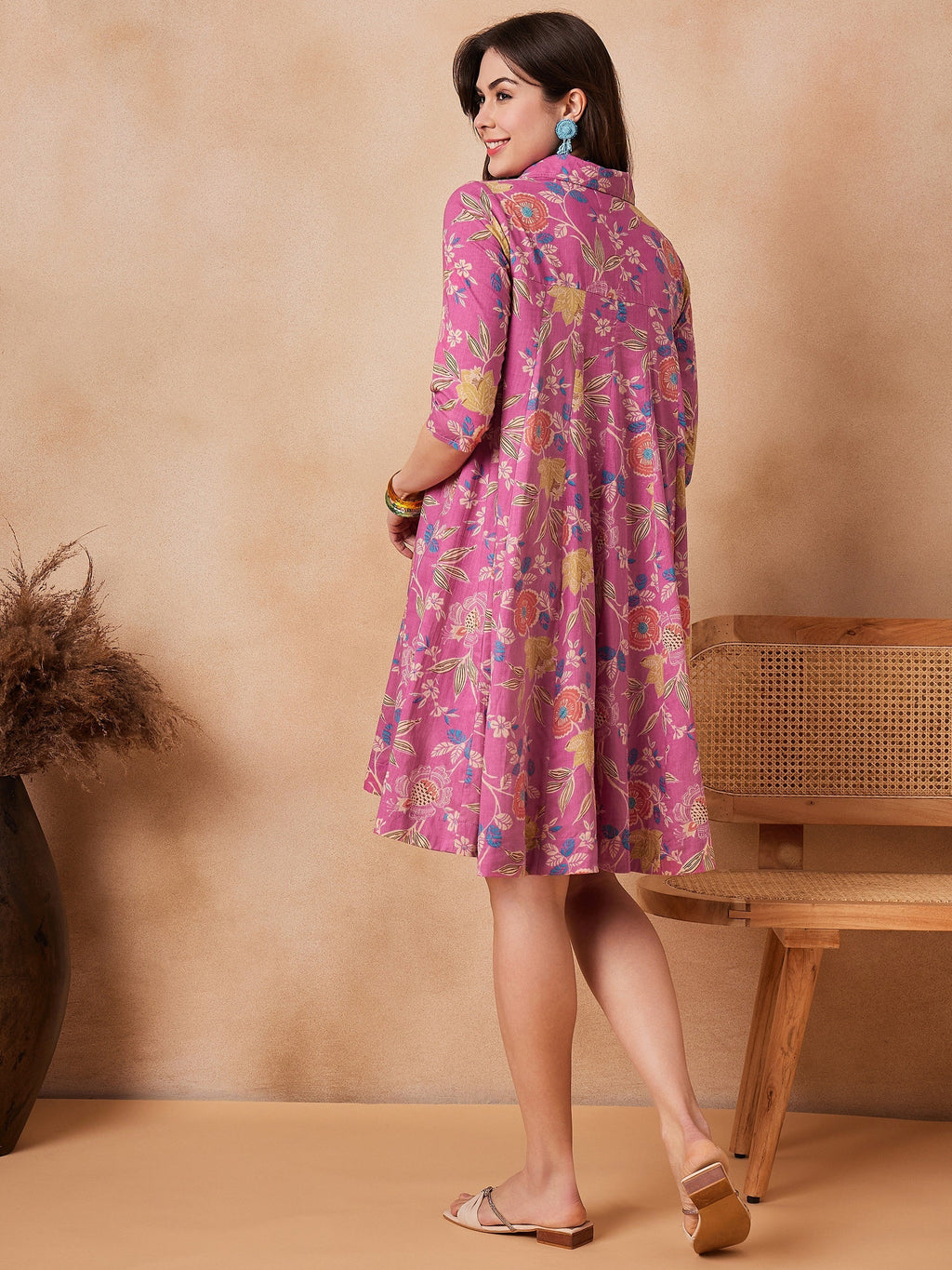InWeave Dull Pink Floral Printed Flared Dress - Distacart