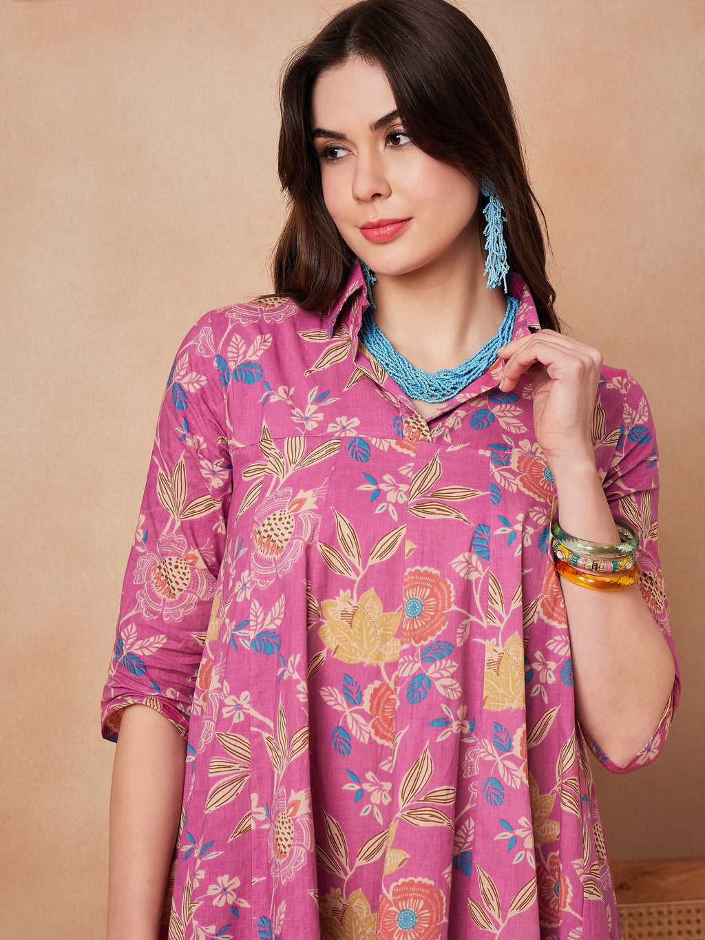 InWeave Dull Pink Floral Printed Flared Dress - Distacart