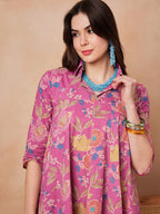 InWeave Dull Pink Floral Printed Flared Dress - Distacart
