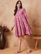 InWeave Dull Pink Floral Printed Flared Dress - Distacart