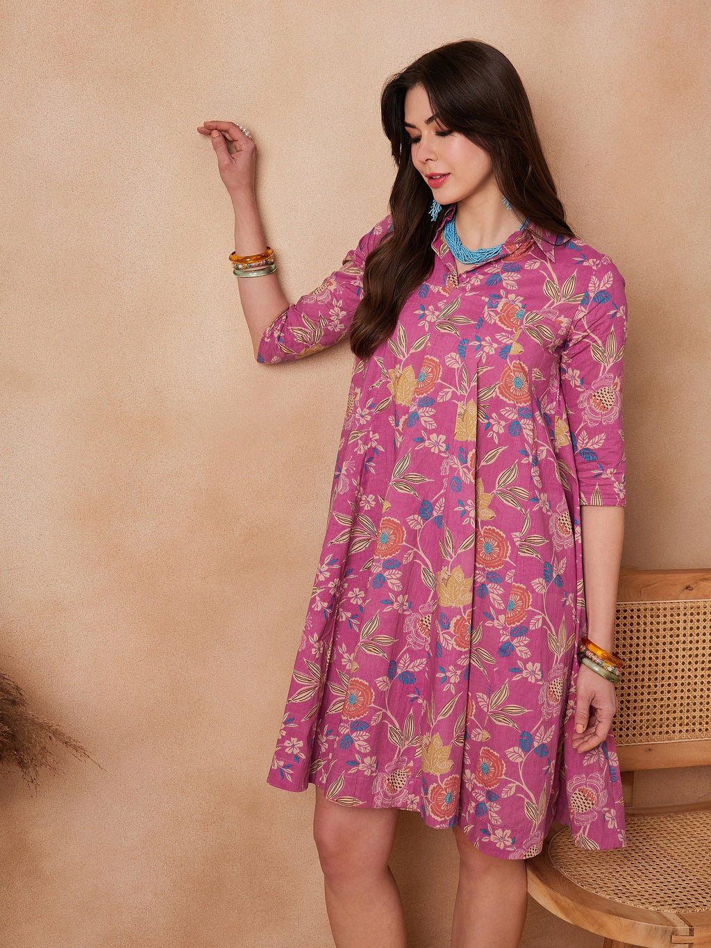 InWeave Dull Pink Floral Printed Flared Dress - Distacart