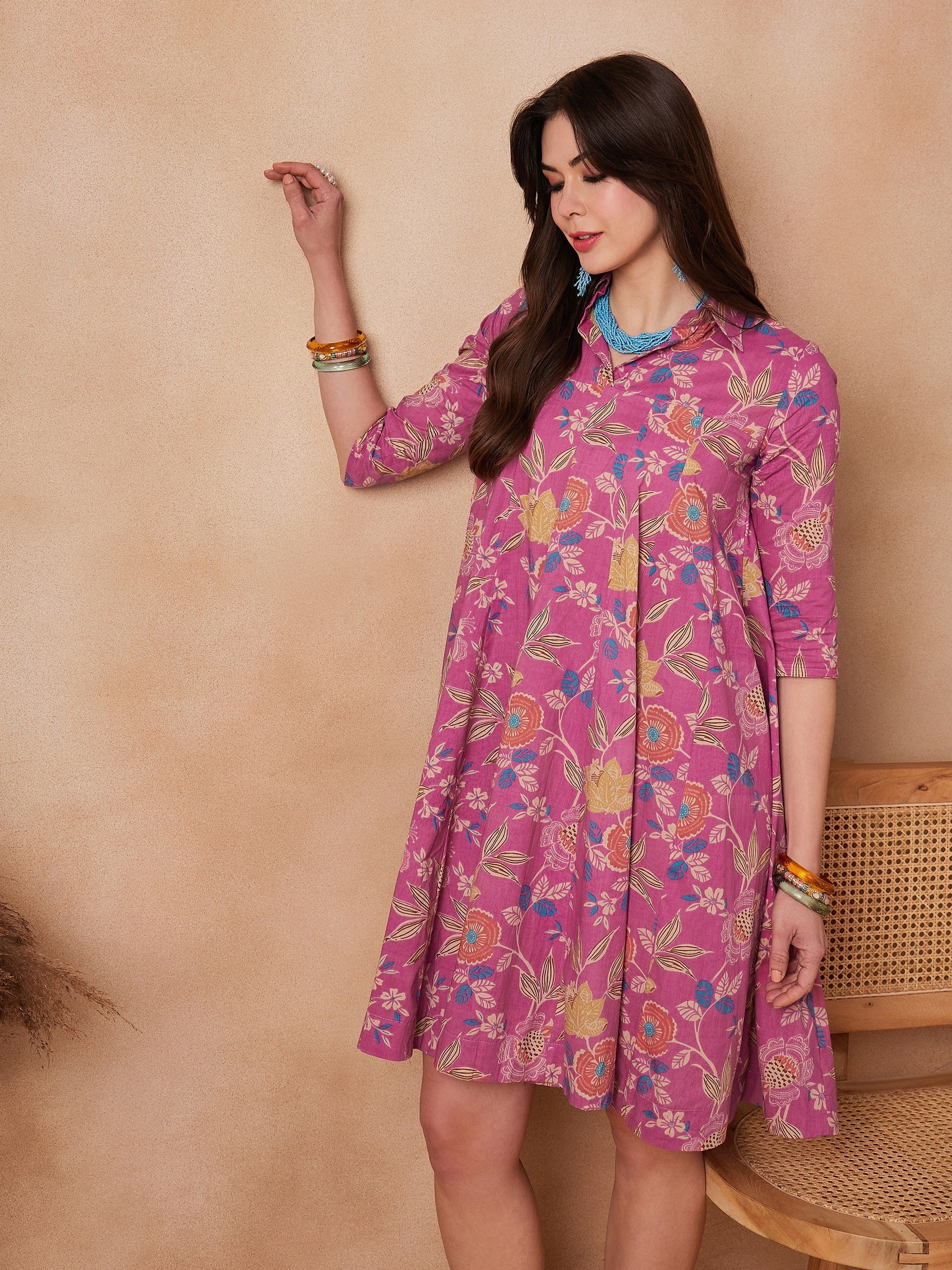 InWeave Dull Pink Floral Printed Flared Dress - Distacart