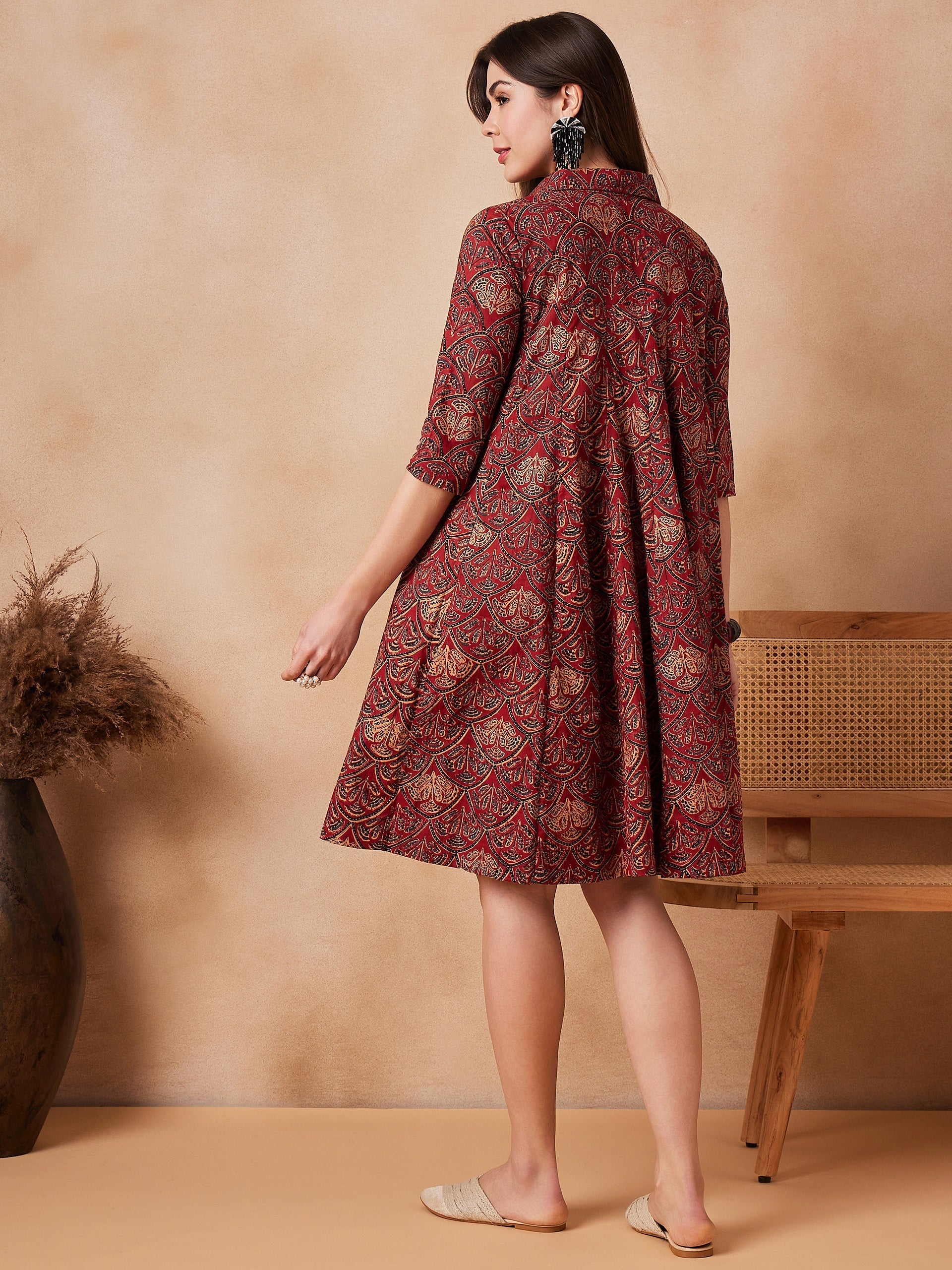 InWeave Rust Scales Printed Flared Dress - Distacart