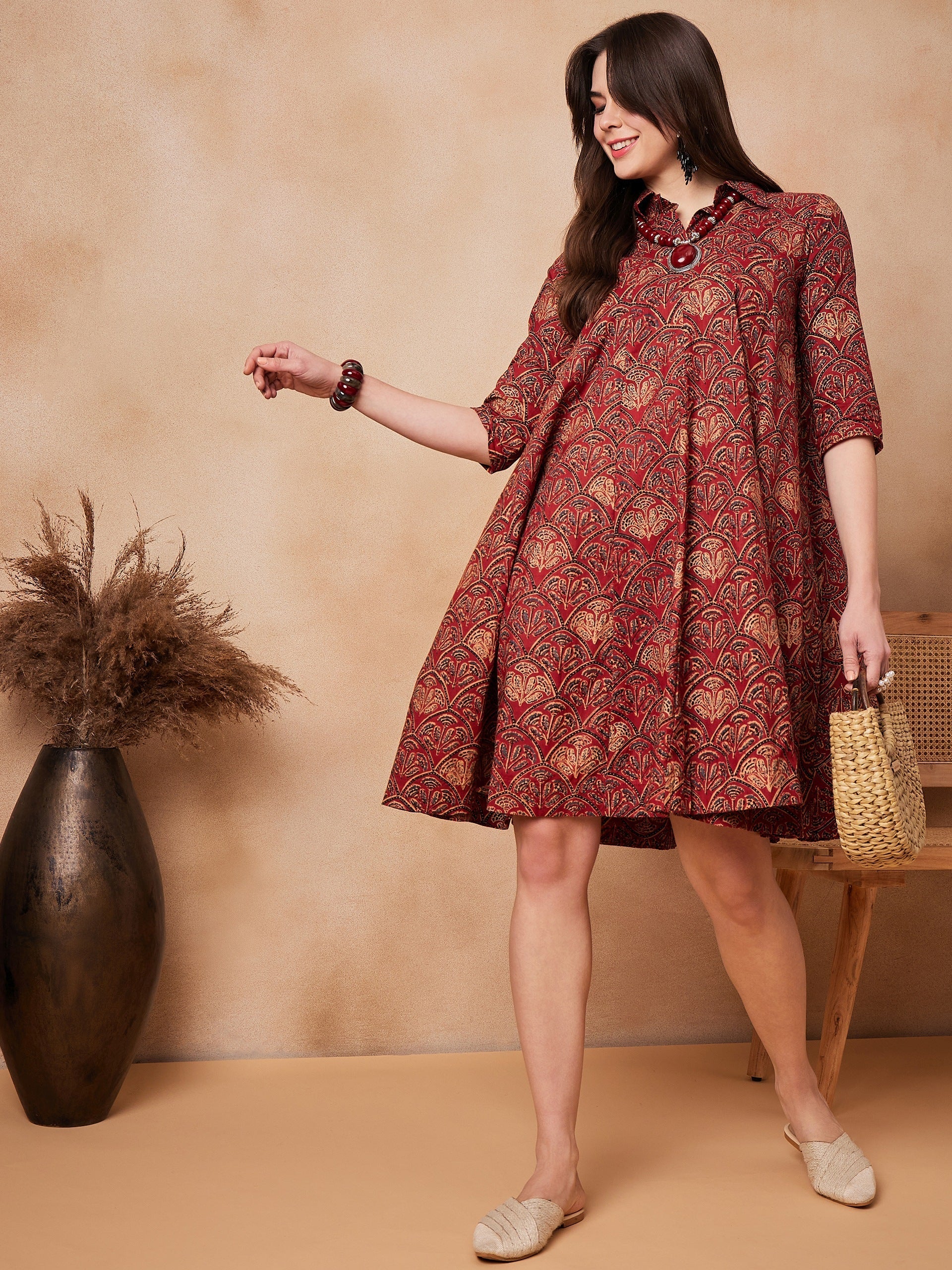 InWeave Rust Scales Printed Flared Dress - Distacart