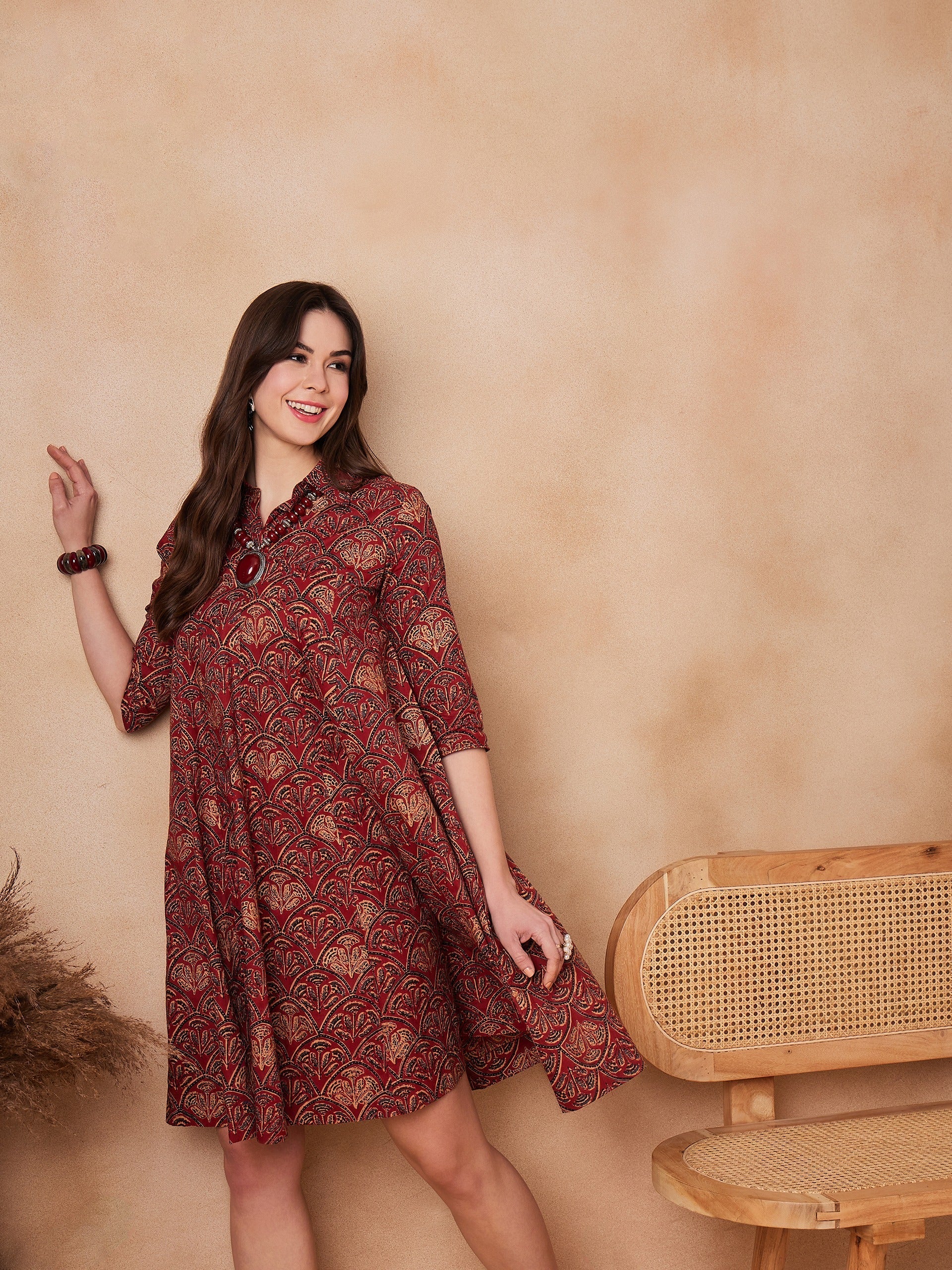 InWeave Rust Scales Printed Flared Dress - Distacart