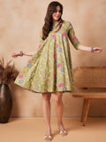 InWeave Light Lime Green Floral Printed Flared Dress - Distacart