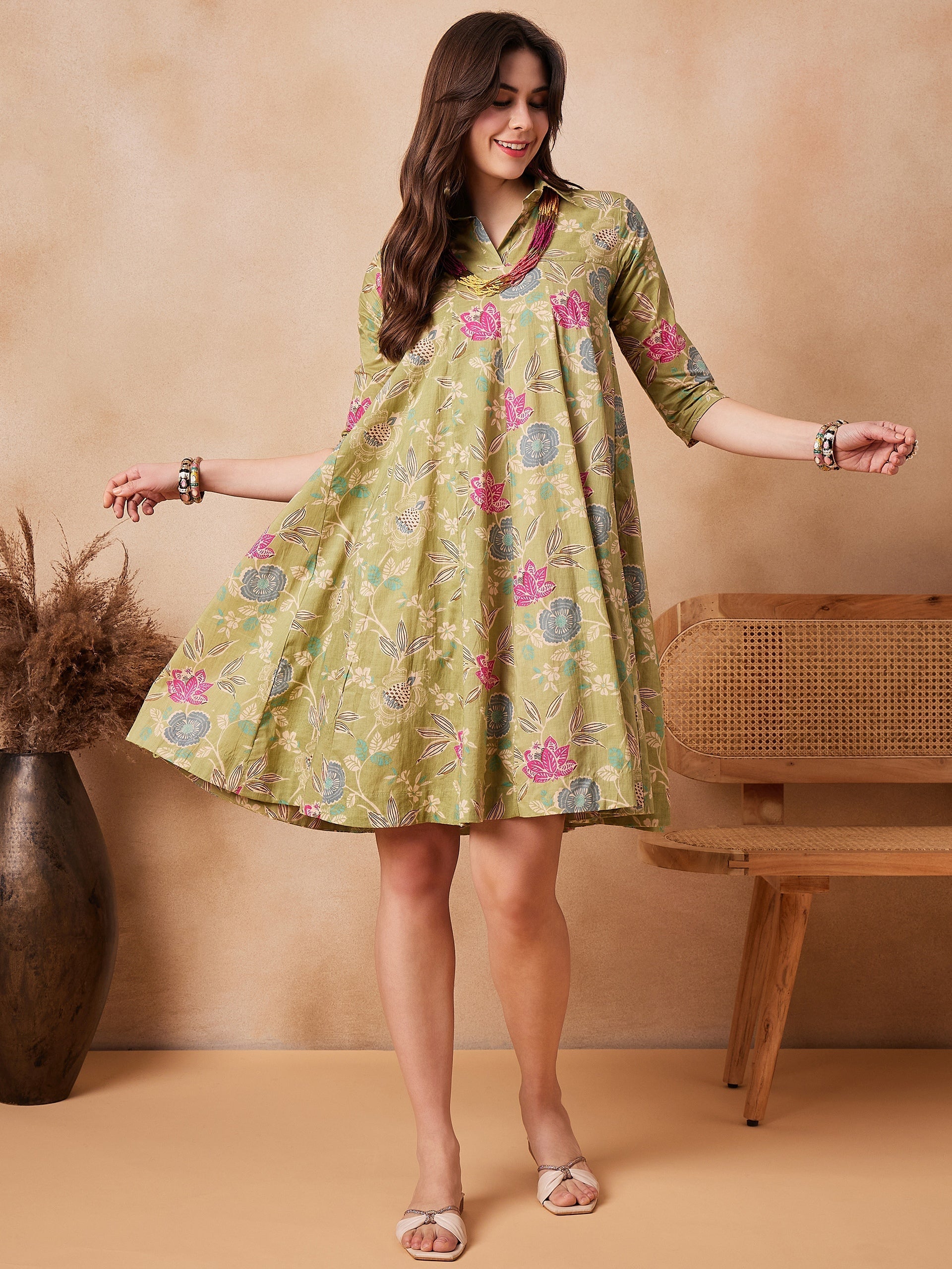 InWeave Light Lime Green Floral Printed Flared Dress - Distacart