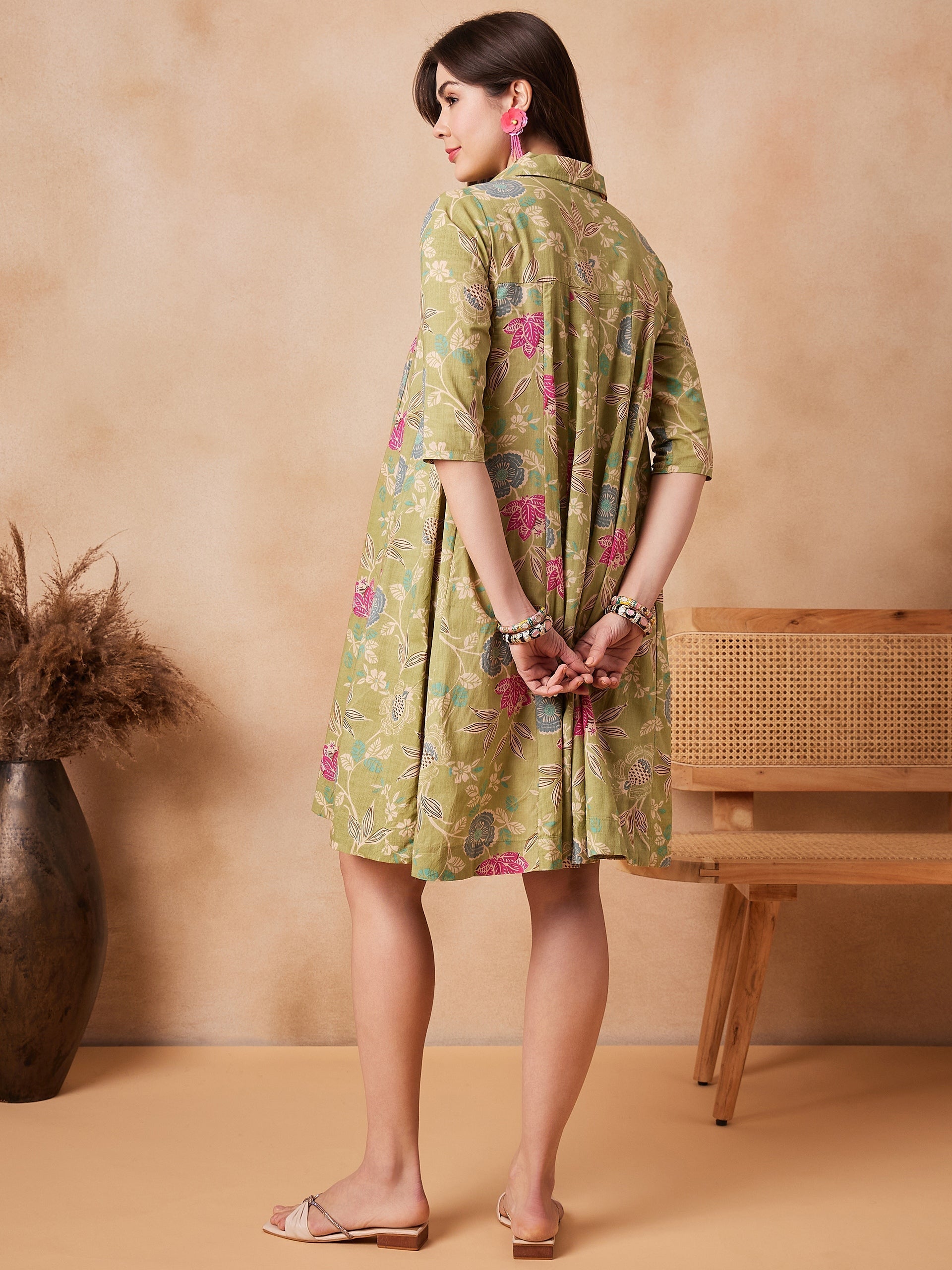InWeave Light Lime Green Floral Printed Flared Dress - Distacart