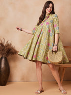 InWeave Light Lime Green Floral Printed Flared Dress - Distacart