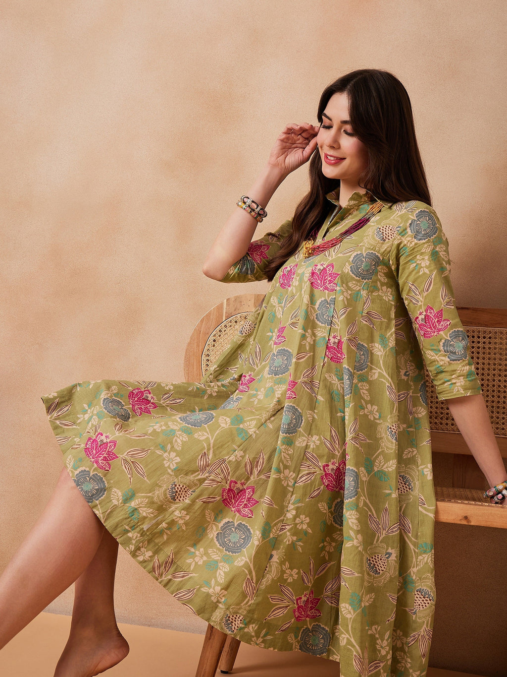 InWeave Light Lime Green Floral Printed Flared Dress - Distacart