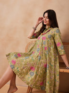 InWeave Light Lime Green Floral Printed Flared Dress - Distacart