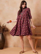 InWeave Burgundy Floral Boota Print Flared Dress