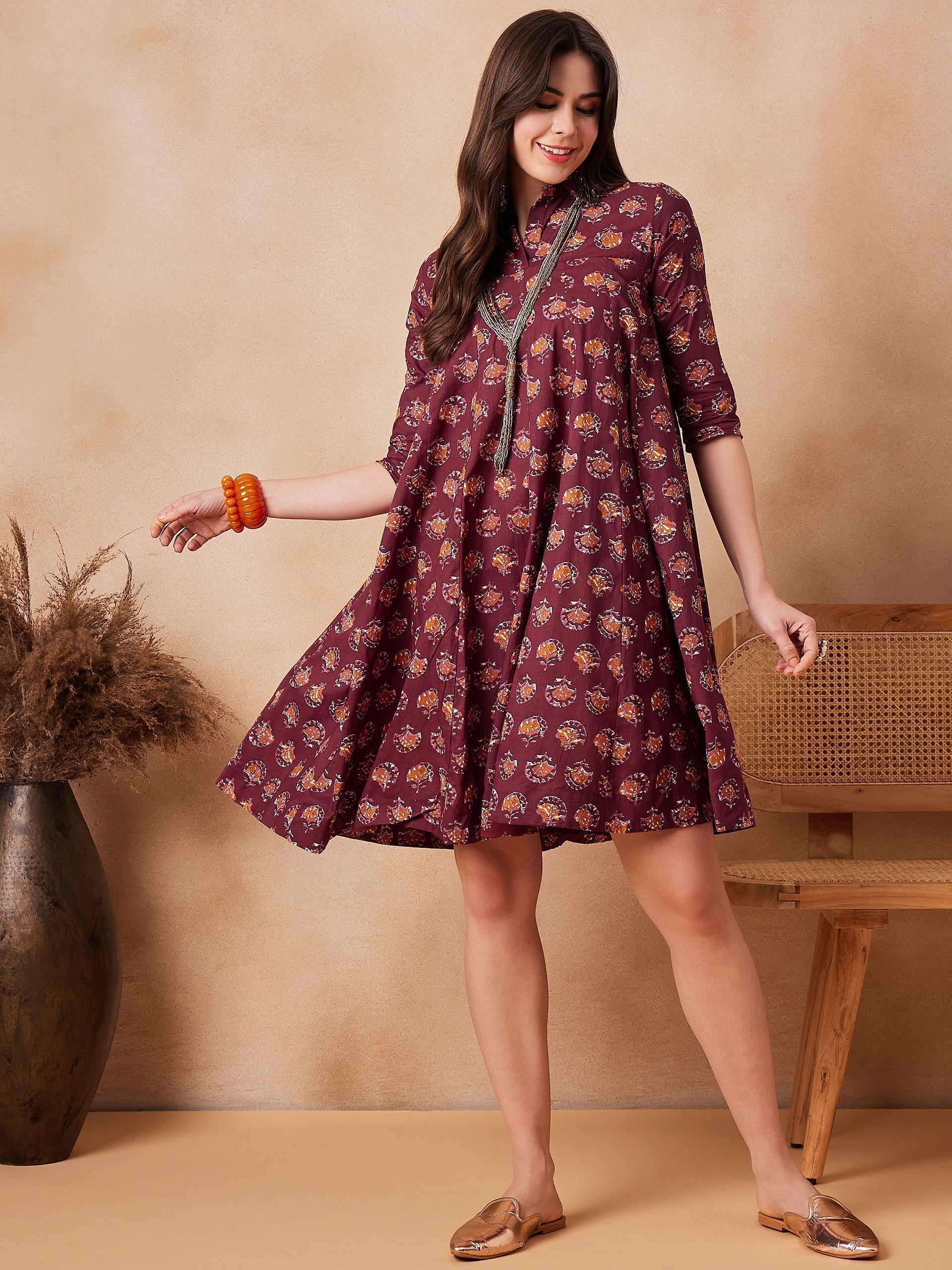InWeave Burgundy Floral Boota Print Flared Dress